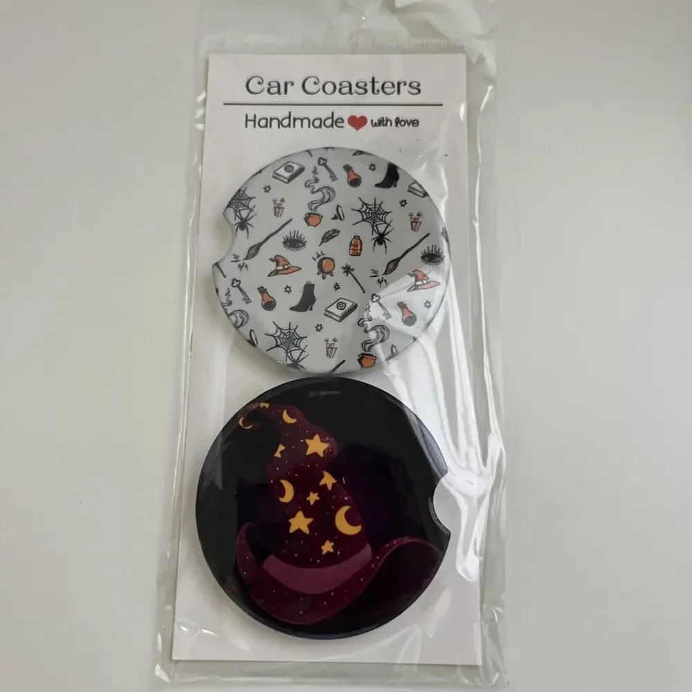 Custom Heat Printed Car Coasters Halloween Fall Designs Set Of 2